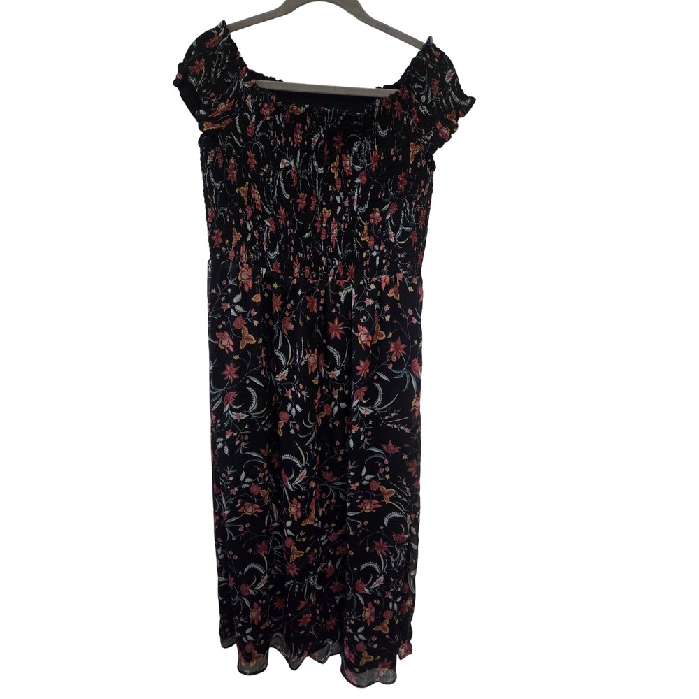 CeCe Women 1X Black Floral Smocked Off Shoulder Midi Dress Cap Sleeve